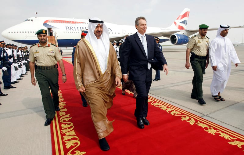 Britain's Prime Minister Tony Blair welcomed by Sheikh Mohamed bin Zayed, Crown Prince of Abu Dhabi and Deputy Supreme Commander of the UAE Armed Forces, upon arriving at Abu Dhabi airport, December 19, 2006. AFP