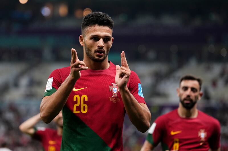 Portugal's Goncalo Ramos celebrates after scoring the third goal. AP
