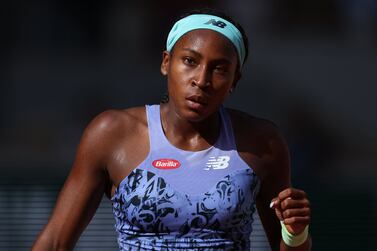 US' Coco Gauff reacts as she plays against Italy's Martina Trevisan during their women's semi-final singles match on day twelve of the Roland-Garros Open tennis tournament at the Court Philippe-Chatrier in Paris on June 2, 2022.  (Photo by Thomas SAMSON  /  AFP)