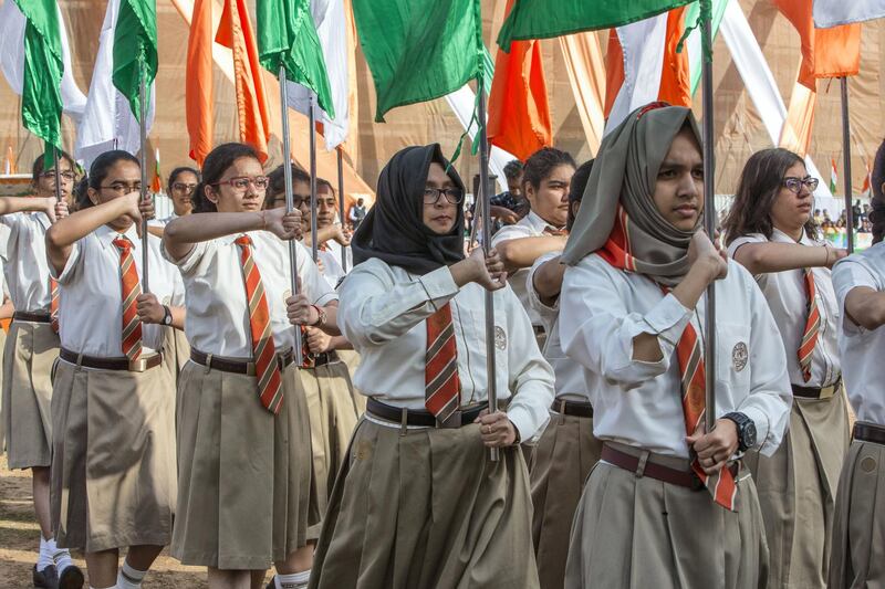 Dubai, United Arab Emirates - Students from Indian schools during the parade or India Republic Day event at the Indian High School in Oud Mehta.  Leslie Pableo for The National