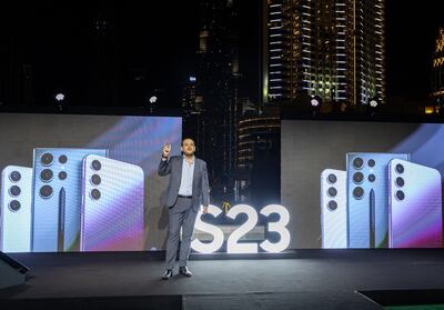Fadi Abu Shamat, head of the mobile experience division at Samsung Gulf Electronics, at the UAE launch of the Galaxy S23 series in Dubai on Wednesday. He told The National that the company's strategy 'from day one' has never been to compete on price point offering. Photo: Samsung