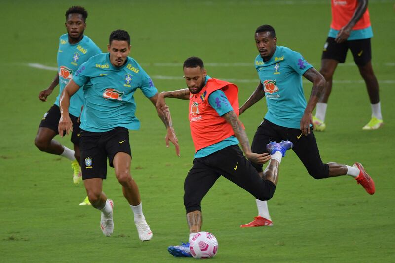 Brazil's Neymar kicks the ball during a training session. AFP