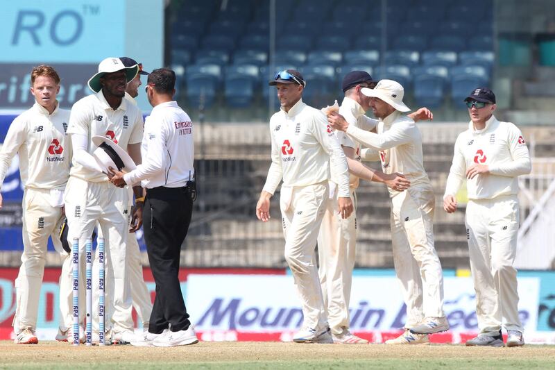 England team celebrating the match win during day five of the first test match between India and England held at the Chidambaram Stadium in Chennai, Tamil Nadu, India on the 9th February 2021

Photo by Pankaj Nangia/ Sportzpics for BCCI