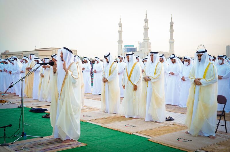 Other sheikhs, officials and worshippers attend the prayers at the Eid Grand Musalla in Khuzam. Wam