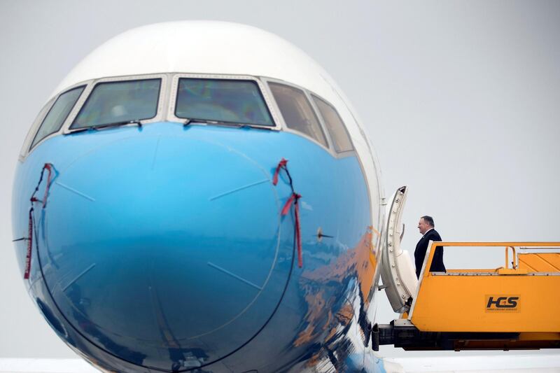 US Secretary of State Mike Pompeo boards his plane at Nom Bar International Airport in Hanoi, Vietnam. Reuters