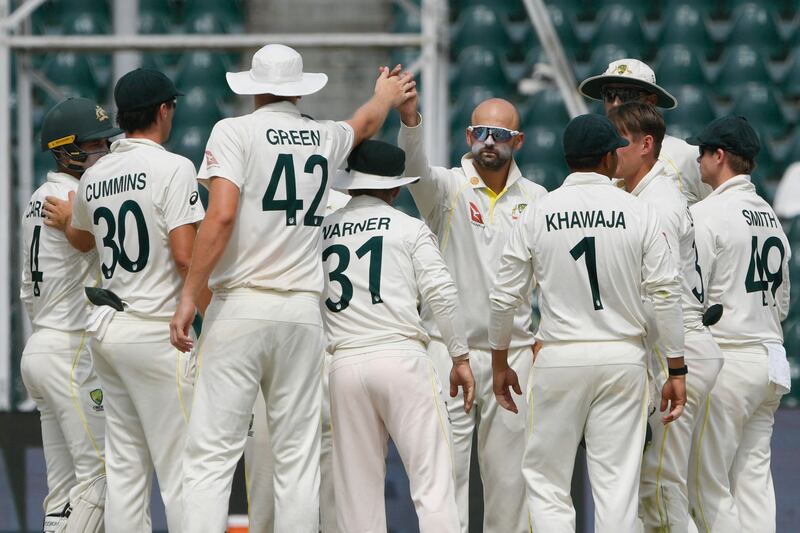 Australia's Nathan Lyon celebrates after dismissing Pakistan's Abdullah Shafique. AFP