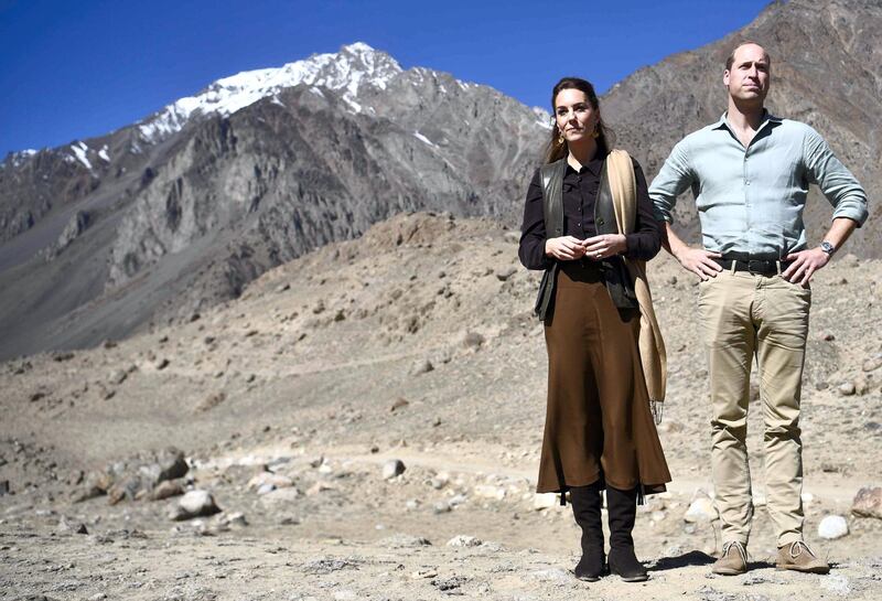 KHYBER PAKHUNKWA, PAKISTAN - OCTOBER 16: Prince William, Duke of Cambridge and Catherine, Duchess of Cambridge visit the Chiatibo glacier in the Hindu Kush mountain range on October 16, 2019 in the Chitral District of Khyber-Pakhunkwa Province, Pakistan. They spoke with a an expert about how climate change is impacting glacial landscapes. The Cambridge's are engaging in a royal tour of Pakistan from 14th -18th October.(Photo by Neil Hall - Pool/Getty Images)