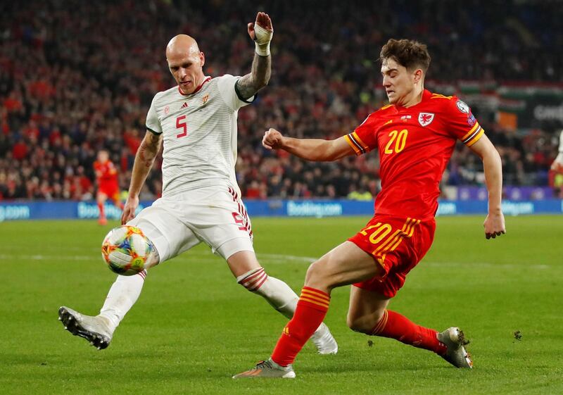 Wales midfielder Daniel James, right, and Hungary's Botond Barath. Reuters