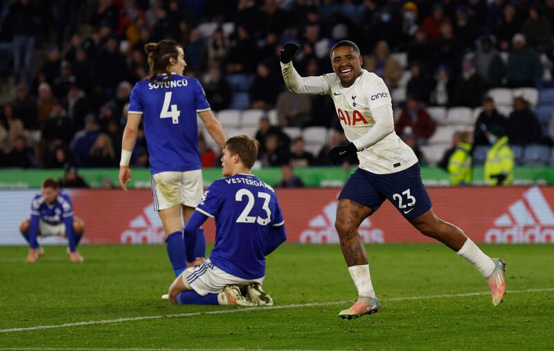 Soccer Football - Premier League - Leicester City v Tottenham Hotspur - King Power Stadium, Leicester, Britain - January 19, 2022  Tottenham Hotspur's Steven Bergwijn celebrates scoring their second goal Action Images via Reuters/Jason Cairnduff EDITORIAL USE ONLY.  No use with unauthorized audio, video, data, fixture lists, club/league logos or 'live' services.  Online in-match use limited to 75 images, no video emulation.  No use in betting, games or single club /league/player publications.   Please contact your account representative for further details. 