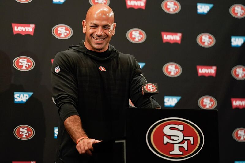 Jul 27, 2019; Santa Clara, CA, USA; San Francisco 49ers defensive coordinator Robert Saleh speaks to the media after  training camp at Levi's Stadium. Mandatory Credit: Stan Szeto-USA TODAY Sports