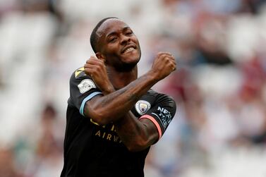 Soccer Football - Premier League - West Ham United v Manchester City - London Stadium, London, Britain - August 10, 2019 Manchester City's Raheem Sterling celebrates scoring their fifth goal and completing his hat-trick Action Images via Reuters/John Sibley EDITORIAL USE ONLY. No use with unauthorized audio, video, data, fixture lists, club/league logos or "live" services. Online in-match use limited to 75 images, no video emulation. No use in betting, games or single club/league/player publications. Please contact your account representative for further details. TPX IMAGES OF THE DAY