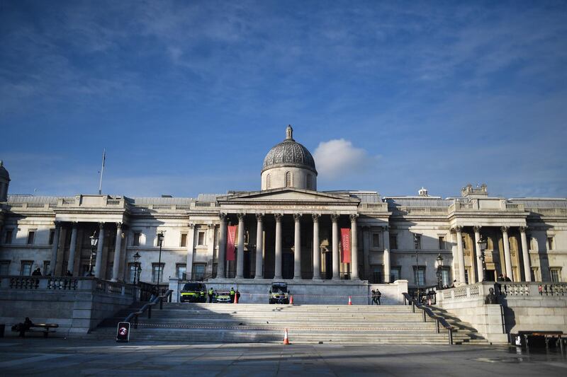 LONDON, ENGLAND  - NOVEMBER 05: Trafalgar Square is seen empty on November 5, 2020 in London, England. England enters second national coronavirus lockdown today. People are still permitted to exercise with one other person, takeaway food is permitted but bars and restaurants are shut for sit-in service. Schools will remain open but people are being advised to work from home where possible and only undertake necessary travel. All non-essential shops are closed with supermarkets and builders' merchants remaining open. (Photo by Peter Summers/Getty Images)