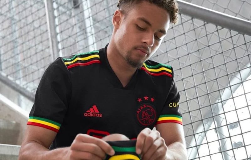 Ajax's third kit for the 2021/22 season inspired by the Bob Marley song 'Three Little Birds'. Courtesy Ajax FC