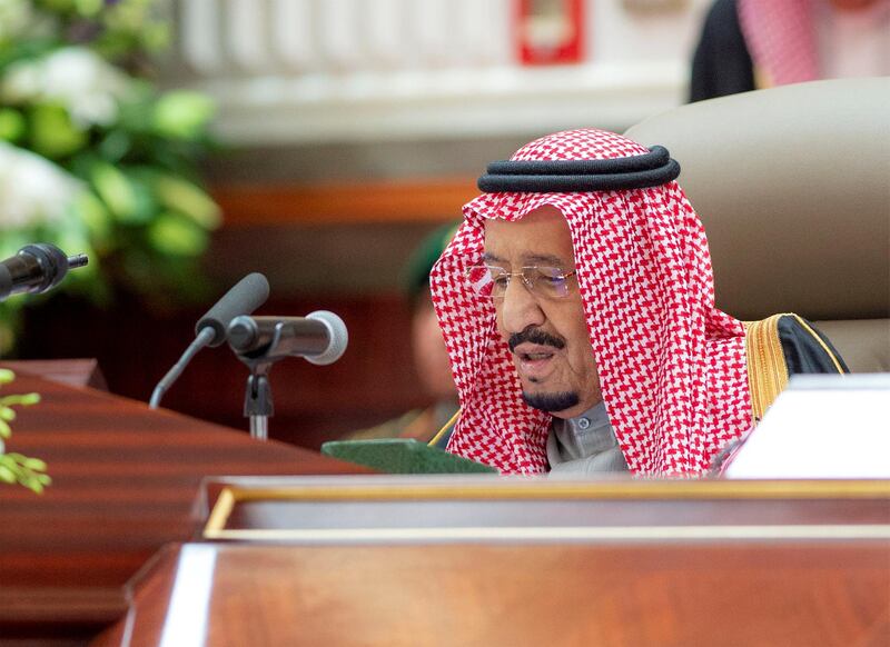 King Salman bin Abdulaziz Al Saud addresses the Shura Council. Saudi Royal Court / Reuters