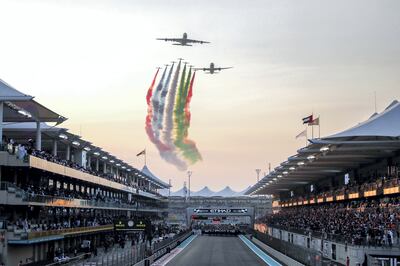 Abu Dhabi, United Arab Emirates, December 1, 2019.  
Formula 1 Etihad Airways Abu Dhabi Grand Prix.
--  Etihad Airways Fly Past & Aerobatic Display by Al Fursan during the UAE national anthem.
Victor Besa / The National
Section:  SP
Reporter:  Simon Wilgress-Pipe