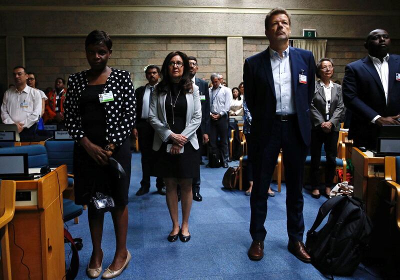 Delegates observe a minute of silence, in memory of the victims of Ethiopian Airlines Flight ET 302 plane crash, at the United Nations Environment Assembly in Nairobi, Kenya. Reuters