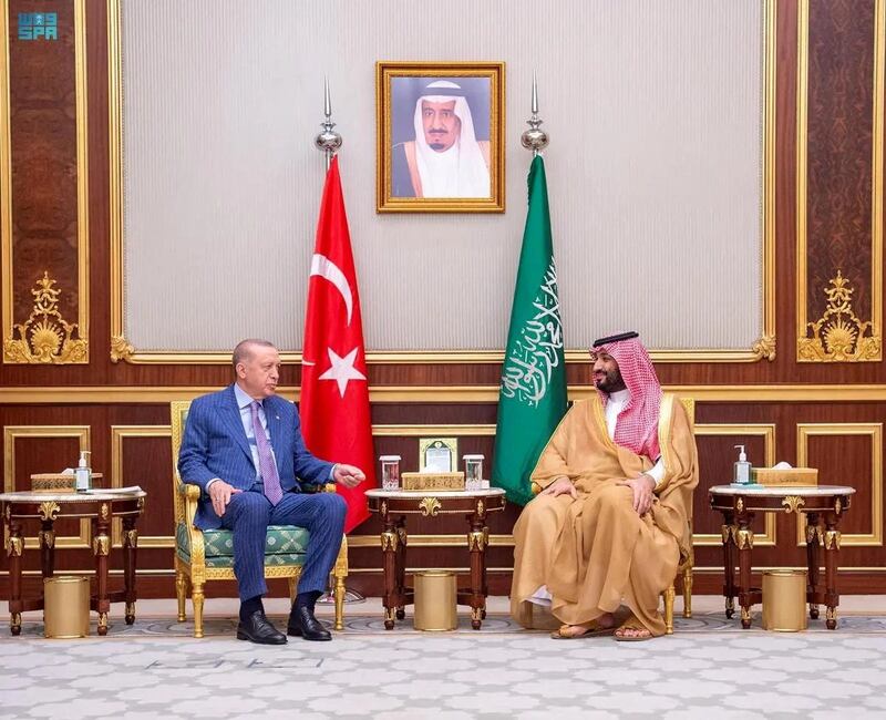 Prince Mohammed and Mr Erdogan talk at Al Salam Palace. Reuters