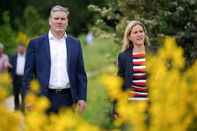 CLECKHEATON, ENGLAND - JUNE 10: Labour party leader Sir Keir Starmer and Batley and Spen by-election candidate Kim Leadbeater visit the Jo Cox Community Wood created in memory of Jo Cox MP, the sister of Kim Leadbeater, on June 10, 2021 in Cleckheaton, England. Kim Leadbeater is campaigning for the Batley and Spen seat after MP Tracy Brabin stepped down to become West Yorkshireâ€™s Metro Mayor. The Batley and Spen seat was once held by Kim Leadbeater's sister Jo Cox MP, who was murdered by a far-right extremist in 2016. (Photo by Christopher Furlong/Getty Images)