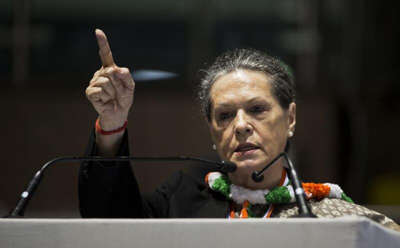 Indian Congress Party President Sonia Gandhi on Friday stalled a push to name her son Rahul as prime ministerial candidate. Prakash Singh / AFP  