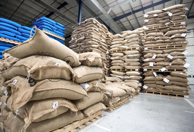 The coffee warehouse holds shipments from across the globe