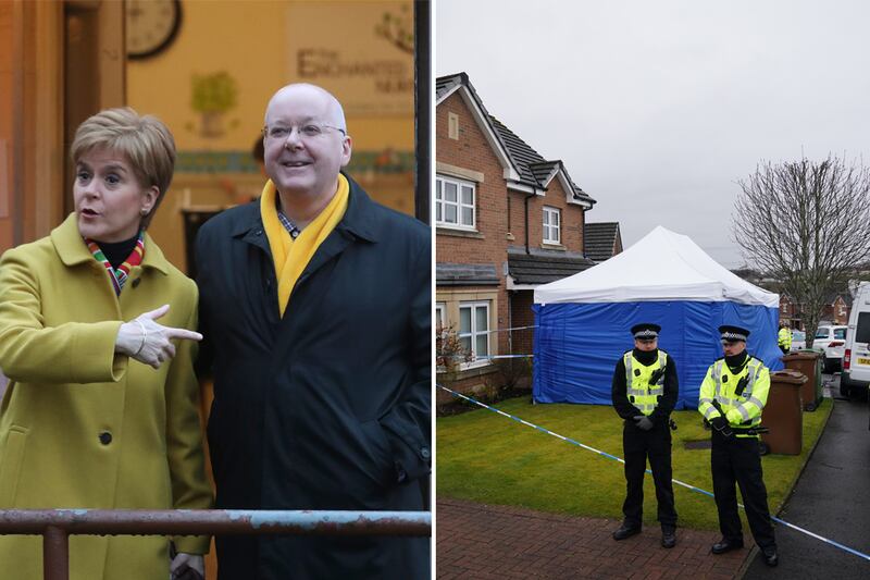 Left: Nicola Sturgeon with husband Peter Murrell. Right: Police officers outside the couple's home. AP / PA