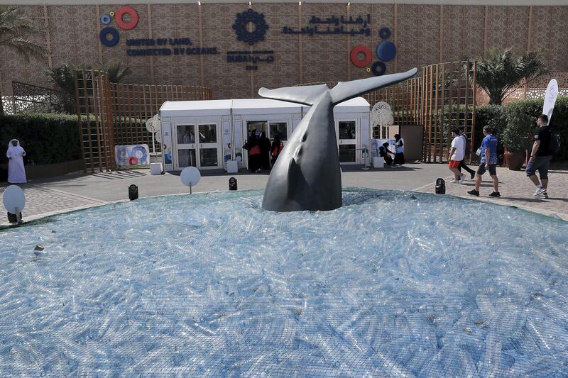 DUBAI , UNITED ARAB EMIRATES , October 26 – 2019 :-  Ocean filled with plastic shown at the entrance of the First Global Challenge robotics competition held at Festival Arena in Dubai.  ( Pawan Singh / The National ) For News. Story by Patrick