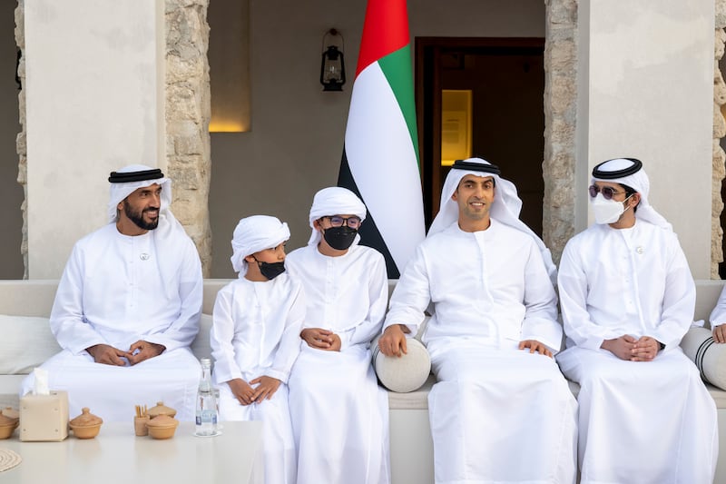 From right to left, Sheikh Hazza bin Tahnoon, Undersecretary to the Ruler's Representative in Al Ain Region; Sheikh Khaled bin Zayed, chairman of the board of Zayed Higher Organisation for Humanitarian Care and Special Needs; Sheikh Tahnoon bin Mohamed bin Tahnoon; Sheikh Zayed bin Mohamed bin Tahnoon bin Mohamed; and Sheikh Nahyan bin Zayed, chairman of the board of trustees of Zayed bin Sultan Al Nahyan Charitable and Humanitarian Foundation, attend the group wedding reception.