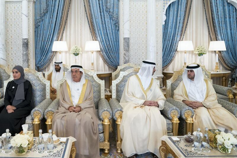 ABU DHABI, UNITED ARAB EMIRATES - October 21, 2018: (L-R) HE Ohood Al Roumi, UAE Minister of State for Happiness and Wellbeing, HE Zaki Anwar Nusseibeh, UAE Minister of State, HE Omar bin Sultan Al Olama, UAE Minister of State for Artificial Intelligence and HE Dr Ahmed Mubarak Al Mazrouei, Secretary General of the Abu Dhabi Executive Council, attend a meeting with HE Boyko Borisov, Prime Minister of Bulgaria (not shown), at at the Presidential Palace.
( Mohamed Al Hammadi / Crown Prince Court - Abu Dhabi )
---