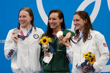 (L-R) Silver medalist Lilly King of the USA, Gold medalist Tatjana Schoenmaker of South Africa and Bronze medalist Annie Lazor of the USA show their medals at the Women's 200m Backstroke Final awarding ceremony at the Swimming event of the Tokyo 2020 Olympic Games at the Tokyo Aquatics Centre in Tokyo, Japan, 30 July 2021.   EPA / HOW HWEE YOUNG