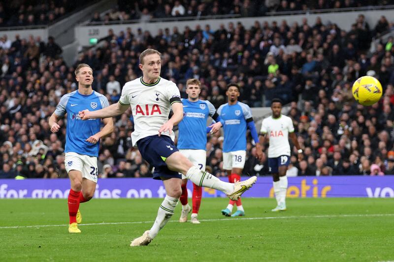 Oliver Skipp shoots over the bar from close range. Getty