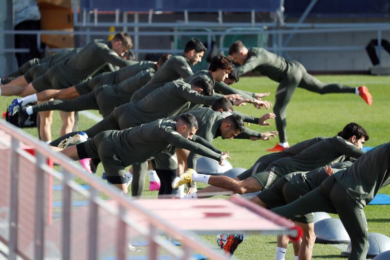 Atletico Madrid's players during a training session ahead of their Champions League match against title-holders Bayern Munich. EPA
