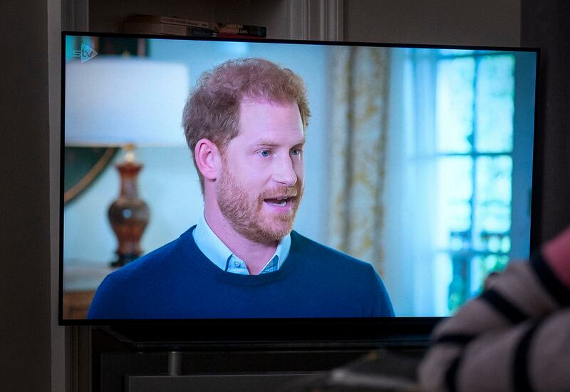 Prince Harry, the Duke of Sussex, during ITV's Harry: The Interview, on Sunday. PA via AP