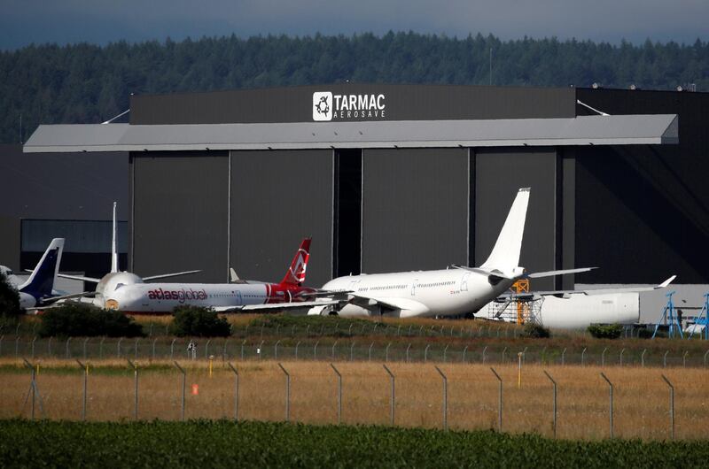 Airplanes sit on the tarmac at the site of French aircraft storage and recycling company Tarmac Aerosave in Tarbes following the coronavirus disease (COVID-19) outbreak in France, June 19, 2020. Picture taken June 19, 2020. REUTERS/Stephane Mahe