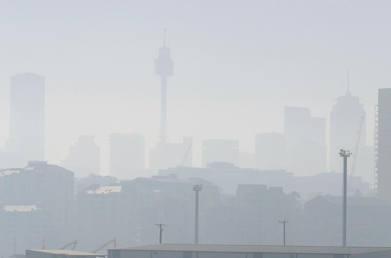 Smoke haze blankets the Sydney skyline as wildfires burn near the city on Tuesday, Nov. 19, 2019. AP
