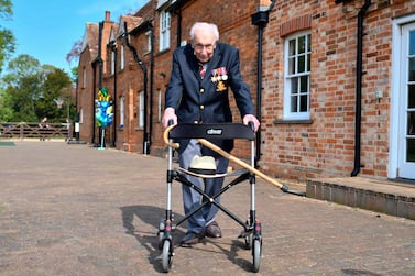 Captain Tom Moore with his walking frame. AFP