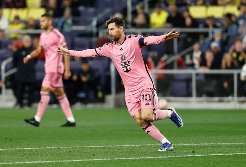 Lionel Messi celebrates scoring for Inter Miami in their 2-2 Concacaf Champions Cup last-16 first leg draw with Nashville at GEODIS Park on March 7, 2024.  Getty Images