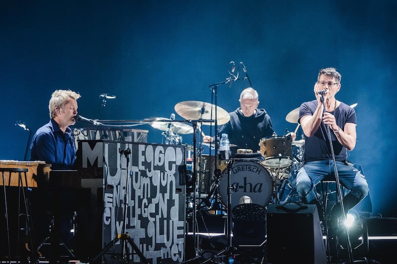 Switzerland, Zurich - February 5, 2018. The Norwegian pop group a-ha performs a live concert at Hallenstadion in Zurich as part of the a-ha MTV Unplugged Tour 2018. Here singer and songwriter Morten Harket (R) is seen live on stage with Magne Furuholmen (L). (Photo by: -/PYMCA/Avalon/Universal Images Group via Getty Images)