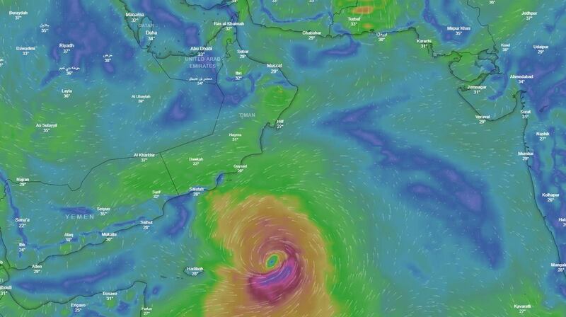 A screen grab of projections from Windy.com of a tropical depression developing in the Arabian Sea. Courtesy Windy.com