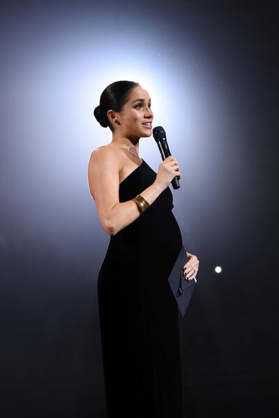 LONDON, ENGLAND - DECEMBER 10:  Meghan, Duchess of Sussex on stage during The Fashion Awards 2018 In Partnership With Swarovski at Royal Albert Hall on December 10, 2018 in London, England.  (Photo by Joe Maher/BFC/Getty Images)