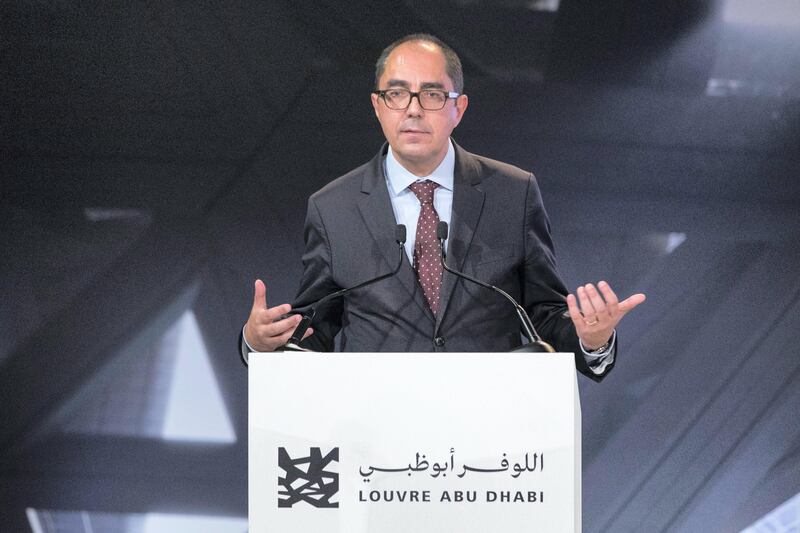 Abu Dhabi, United Arab Emirates, September 6, 2017:    Jean-Luc Martinez president-director of the Louvre museum speaks during an event announcing that the Louvre Abu Dhabi will open November 11th, at Manarat Al Saadiyat on Saadiyat Island in Abu Dhabi on September 6, 2017. Christopher Pike / The National

Reporter: Nick Leech
Section: Arts & Culture