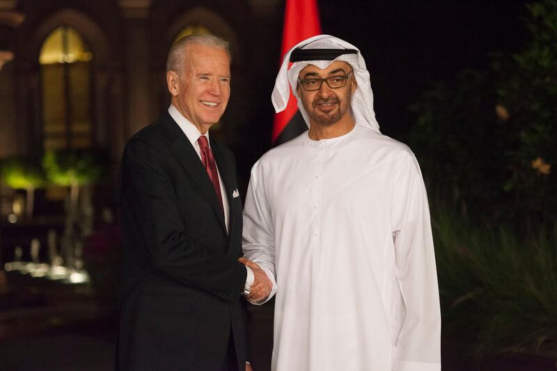 ABU DHABI, UNITED ARAB EMIRATES - March 07, 2016: HH Sheikh Mohamed bin Zayed Al Nahyan, Crown Prince of Abu Dhabi and Deputy Supreme Commander of the UAE Armed Forces (R), receives Joe Biden, Vice President of the United States of America (L), prior to a dinner meeting at Emirates Palace.

( Razan Al Zayani for The Crown Prince Court - Abu Dhabi )
--- *** Local Caption ***  20160307RA_MG_9836.JPG