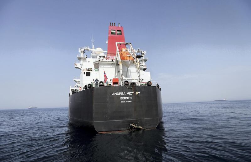 A damaged Andrea Victory ship is seen off the Port of Fujairah, United Arab Emirates, May 13, 2019. REUTERS/Satish Kumar