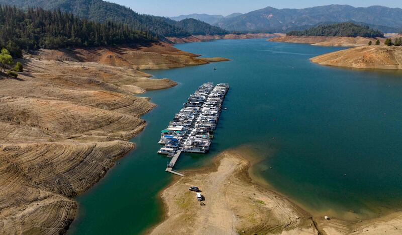 Boats are parked at a Shasta Lake marina in Lakehead, California. Shasta Lake currently sits at 32 per cent of its capacity as drought conditions persist. AFP