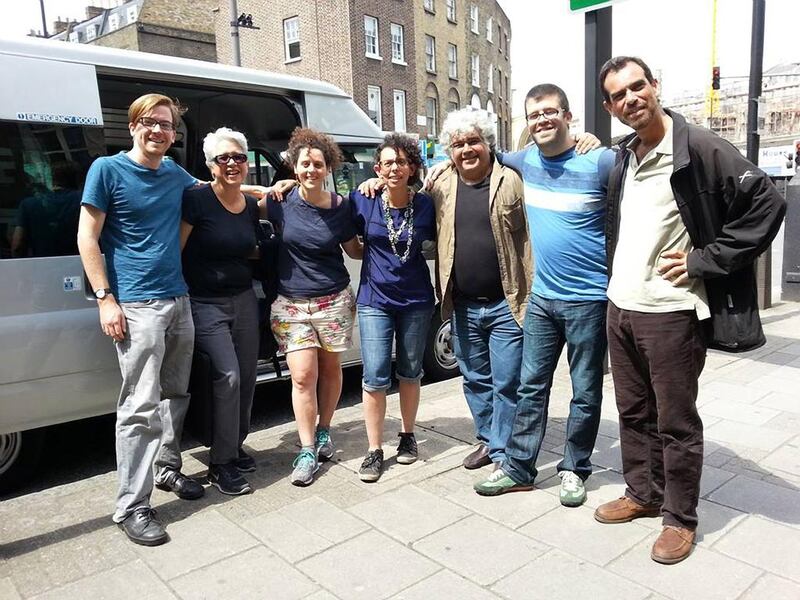 From left, Dan Gorman, Malu Halasa, Yasmin Sedda, the driver Rasha, Khaled Khalifa, Khalil Younes and Robin Yassin-Kassab en route to Bristol. Courtesy Ruth Killick Publicity