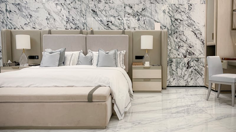 The master bedroom in Indian businessman Umesh Punia's Dubai villa uses breccia capraia marble sourced from a mountain in the Italian Alps. All photos: AD-Myra
