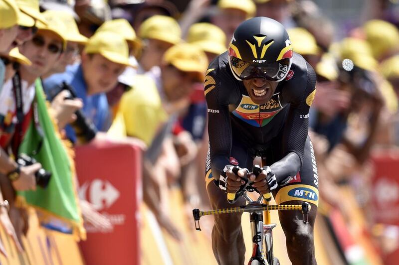 Eritrea’s Daniel Teklehaimanot competes in a 13.8 km individual time-trial, the first stage of the 102nd edition of the Tour de France cycling race on in Utrecht on Saturday. Eric Feferberg / AFP