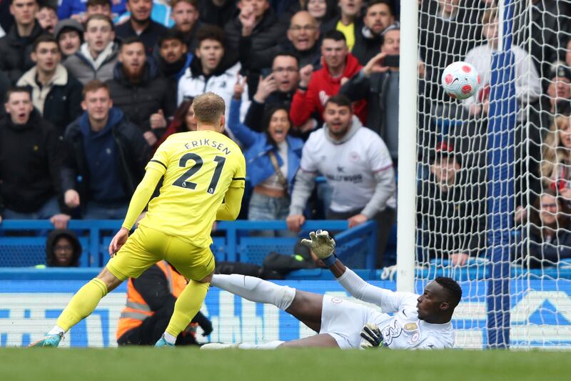 Christian Eriksen scores Brentford's second goal. AP