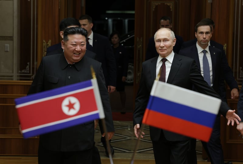North Korean leader Kim Jong-un and Russian President Vladimir Putin attend a meeting in Pyongyang. EPA