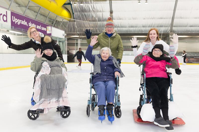 A 97-year-old former ice skater, Doreen Barber (front, C), from Essex, was back on the ice, her dream fulfilled when she put on her skates for a whizz around the rink in a wheelchair. Behind Doreen is her daughter Nina Martin. They're accompanied by fellow residents of Care UK's Mountfitchet House, Gewn Alp (front L; behind her, her nurse Lisa Scott) and Peggy Shaw (front R; with Jess Wolohan, co-ordinator at the home). PA Media