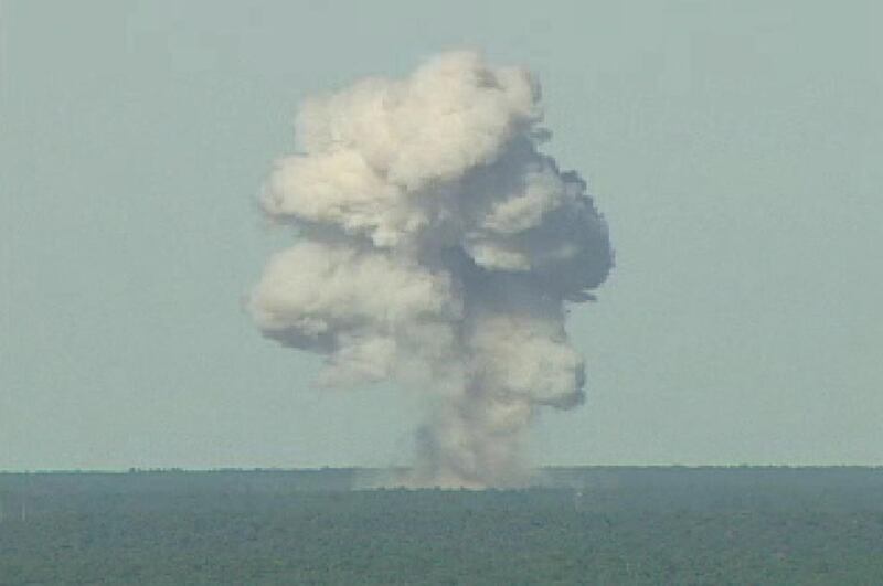 A GBU-43B bomb, or Massive Ordnance Air Blast bomb, explodes on November 21, 2003 during a test strike at the Eglin Air Force Base in Florida, United States. USAF via Getty Images